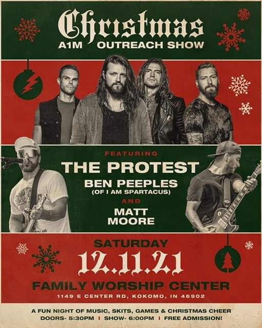 The annual A1M Christmas Outreach show is back... its part Christmas party and part rock show!!! Featuring Matt Moore, Ben Peeples (of I Am Spartacus) and of course, what would Christmas be without The Protest!