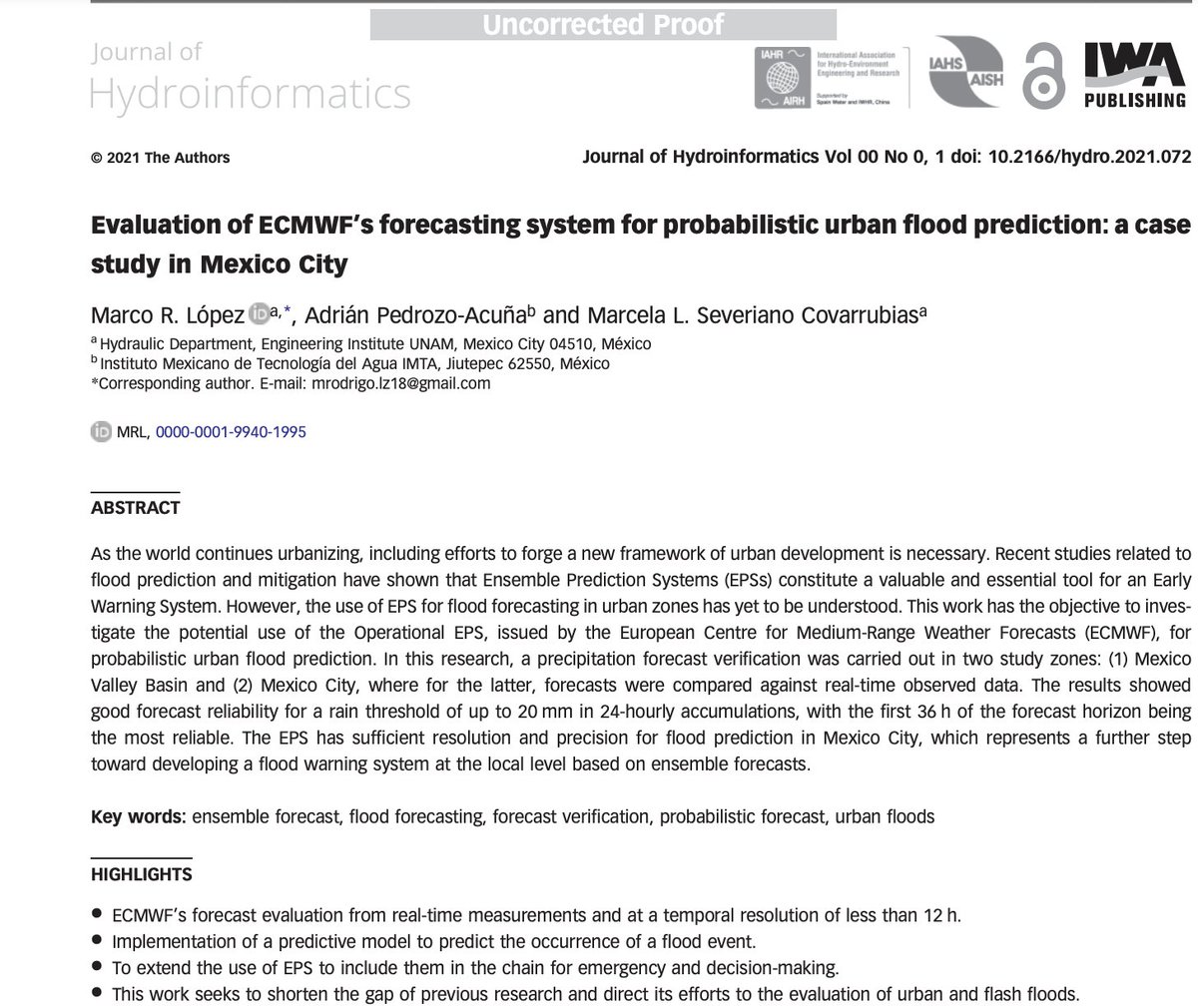 Comparto artículo del alumno de doctorado Marco López <a href="/IIUNAM/">Instituto de Ingeniería</a> <a href="/UNAM_MX/">UNAM</a> <a href="/FIUNAM_MX/">Ingeniería UNAM</a> quien evaluó los productos del <a href="/ECMWF/">ECMWF</a> para el pronóstico de inundaciones urbanas en #CDMX 

👇🤓
iwaponline.com/jh/article/doi…