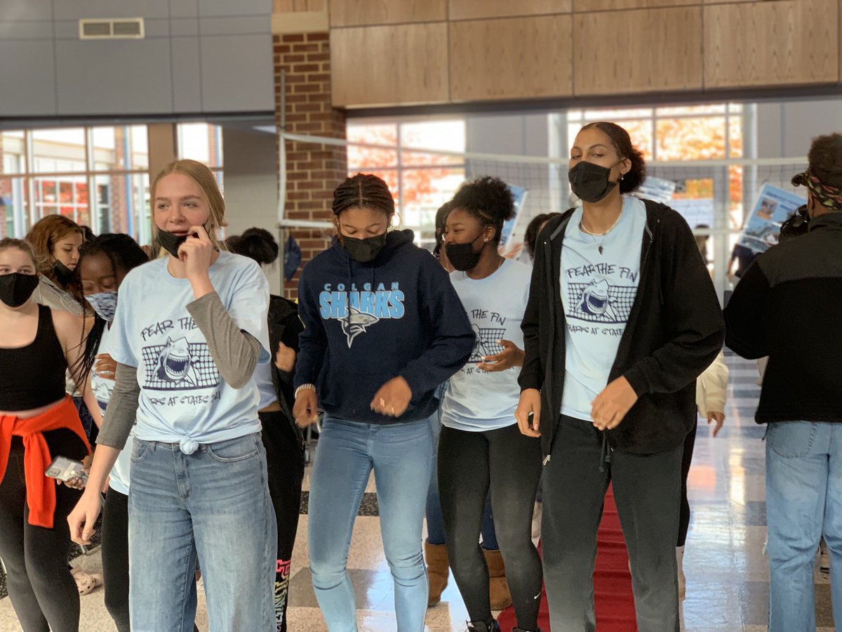 ColganLead's tweet photo. WE ❤️❤️❤️ our volleyball girls ⁦@colganhs⁩ ‼️ rolled out the red carpet and had some fun before the 🧹 at 6 tonight! Wear Blue! Welcome to the STATE Shark Tank! ⁦@SharkTankColgan⁩ https://t.co/ekmSPTIyDH