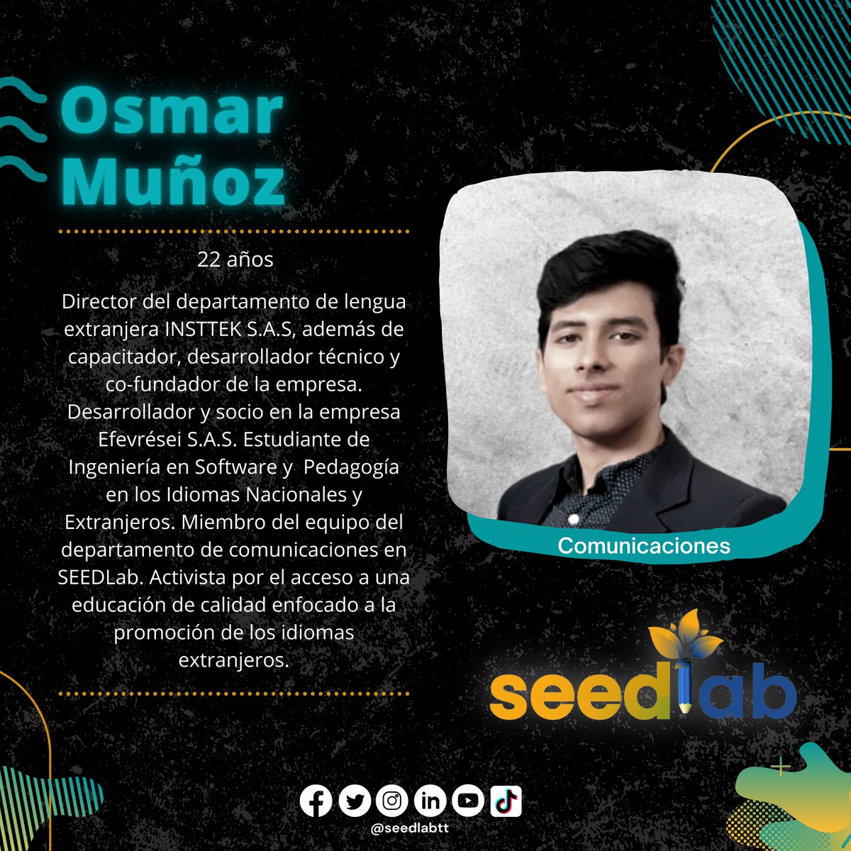 seedlab_ec's tweet photo. Conoce a nuestro equipo📚
Osmar Muñoz, 22 años📝
¡Encargado del área de comunicaciones!👨‍💻

#SEEDLab #Ecuador #Educacion #Juventud #ThinkTank https://t.co/eF1JbOBOPW