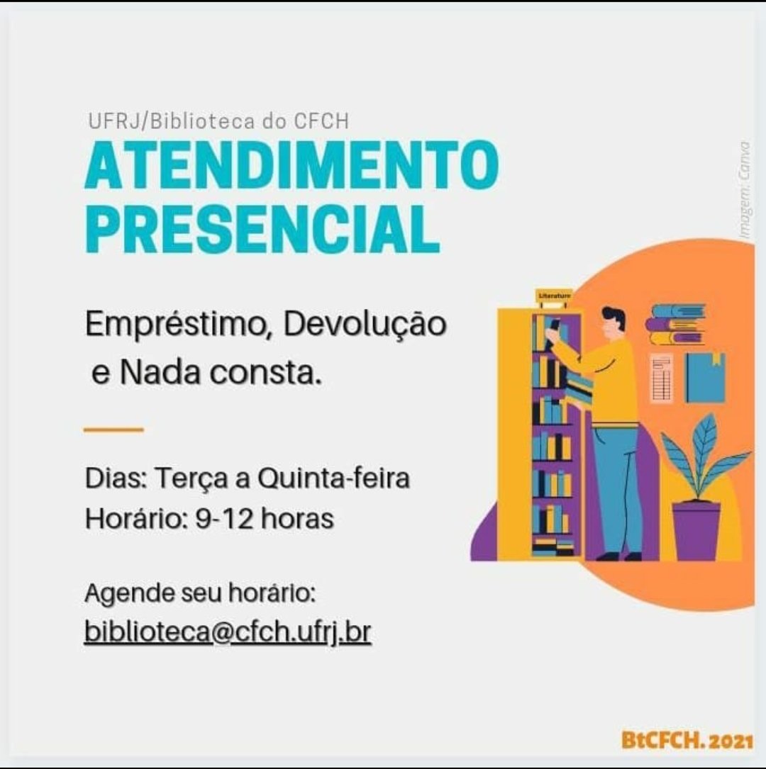 BibECOCFCH's tweet photo. UFRJ/Biblioteca do CFCH.
🚨 ATENDIMENTO PRESENCIAL.
Empréstimo, Devolução e
Nada Consta.
Dias:
Terça a Quinta-feira
Horário:
9h as 12h
Agende seu horário:
biblioteca@cfch.ufrj.br
#ufrj #bibliotecadocfch
#atendimentopresencial
#emprestimo #nadaconsta
#devolucao #essufrj https://t.co/YWIYOqNnli