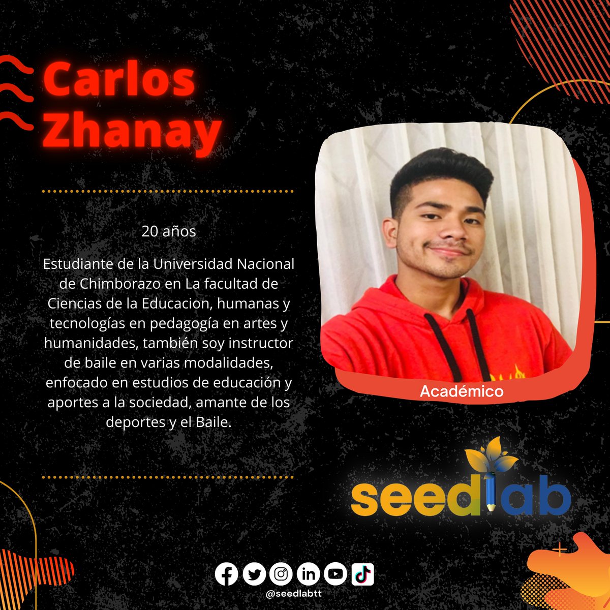 seedlab_ec's tweet photo. Conoce a nuestro equipo📚
Carlos Zhanay, 20 años📝
¡Encargado del sector académico!👨‍🏫

#SEEDLab #Ecuador #Educacion #Juventud #ThinkTank https://t.co/PW2YCuR1Kb