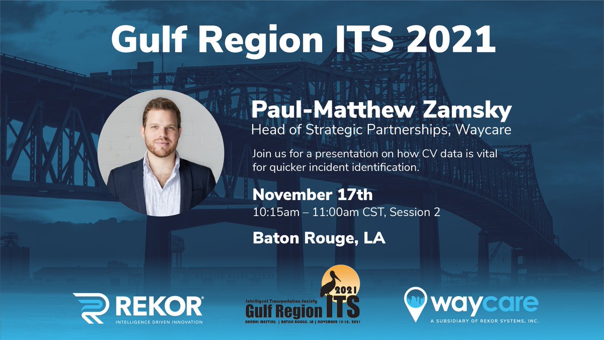 WaycareTech's tweet image. Baton Rouge, LA – we’ve arrived 📍🎉and we're gearing up for Gulf Region Intelligent Transportation Society 2021 Annual Conference. Catch Paul Zamsky tomorrow for a presentation on #IntelligentTransportation 🛣️

Learn more: rekor.co/3nlBewb