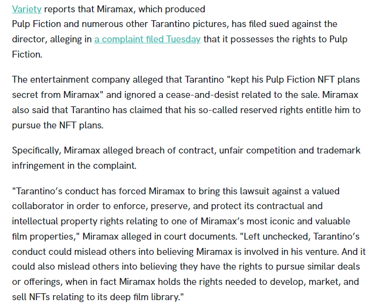 spencecoin's tweet photo. Can't wait to see how the Tarantino NFT situation develops.

IP rights // NFTs are quite a spicy intersection. https://t.co/Y9g4VAxdPc