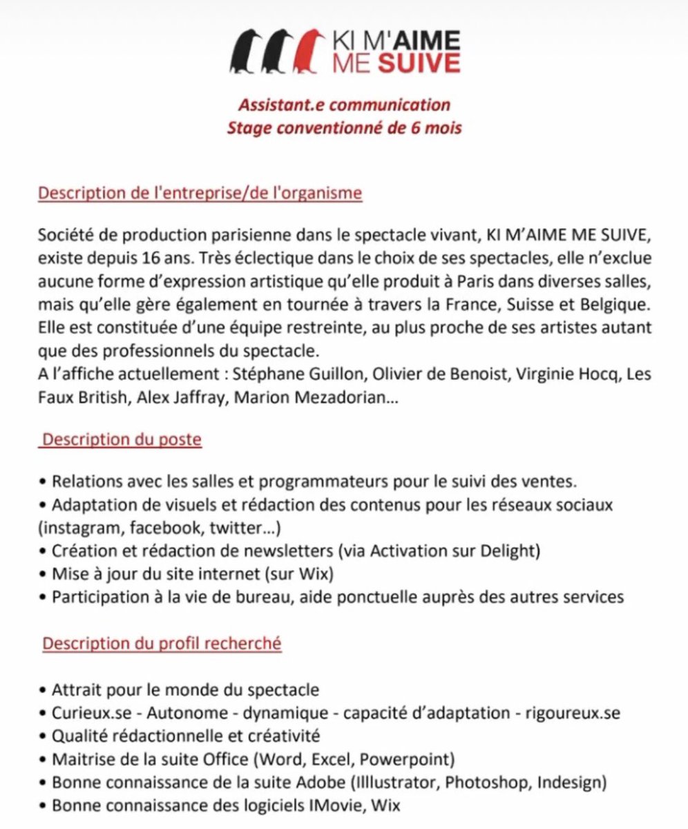 ‼️ Hey coucou ! On cherche un stagiaire <a href="/KMMS_Prod/">Ki M'aime Me Suive 🐧</a> !
Viens nous rejoindre ! 🐧
profilculture.com/annonce/assist…