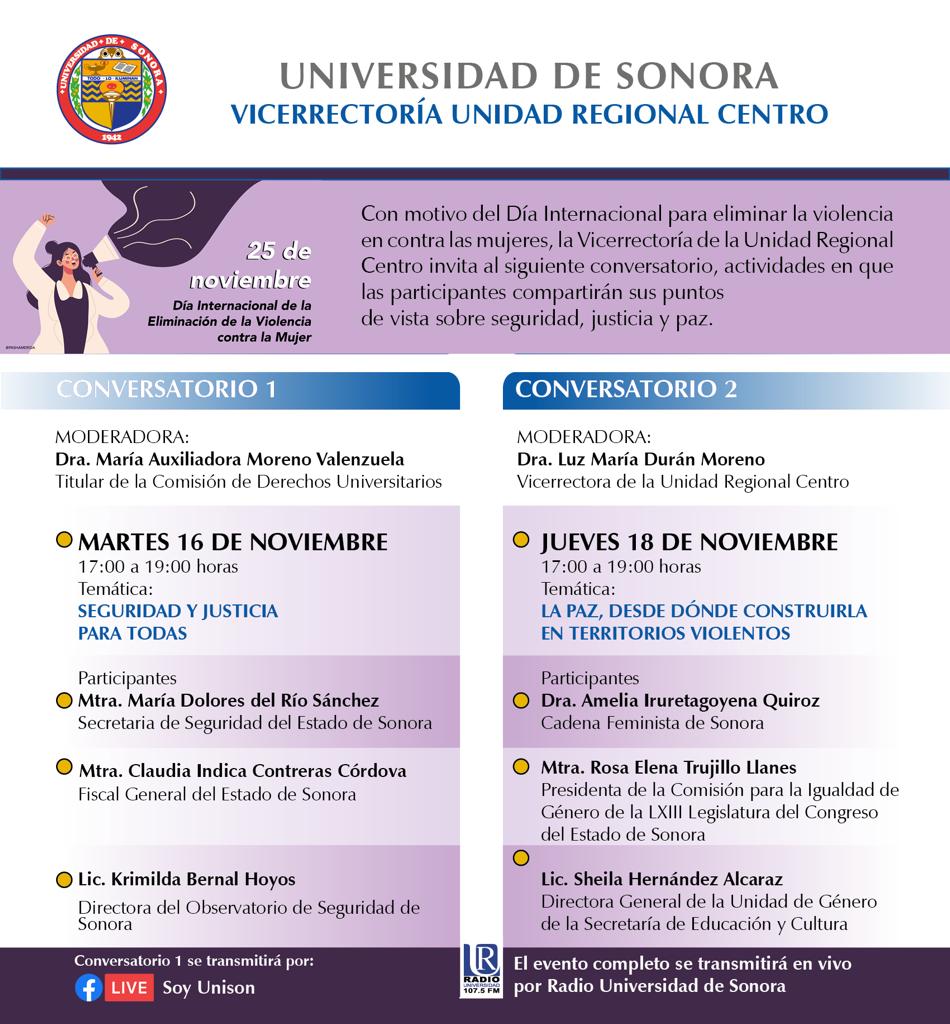 Día internacional para eliminar la violencia en contra las mujeres
La vicerrectoria unidad regional centro te invita al CONVERSATORIO los días martes 16 y jueves 18 

@ViceURC 

#contralaviolencia #noviolencia