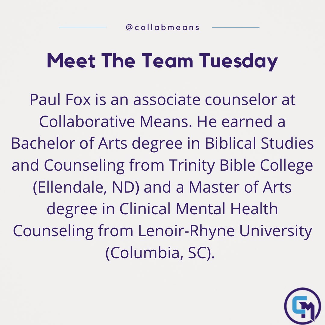 CollabMeans's tweet photo. For this weeks #MeetTheTeamTuesday we have Paul, he is one of our new associate counselors. Please give Paul a warm welcome and comment any questions you may have for him!
••••••••••••
#FindBalance #StopTheStigmaStartTheConversation #ColumbiaSC #SCCounseling https://t.co/wMuaBmk1zX