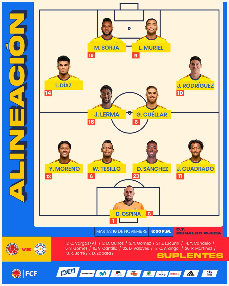 FCFSeleccionCol's tweet photo. 🚨 ¡ONCE INICIAL!

Esta es nuestra titular para enfrentar a @Albirroja 

#VamosColombia 🇨🇴 https://t.co/GORl8XBDJc