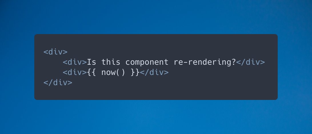 Including a unique value, like now() or Str::random(), in the Blade template of a Livewire component is a great way to check if that part of the DOM is getting re-rendered