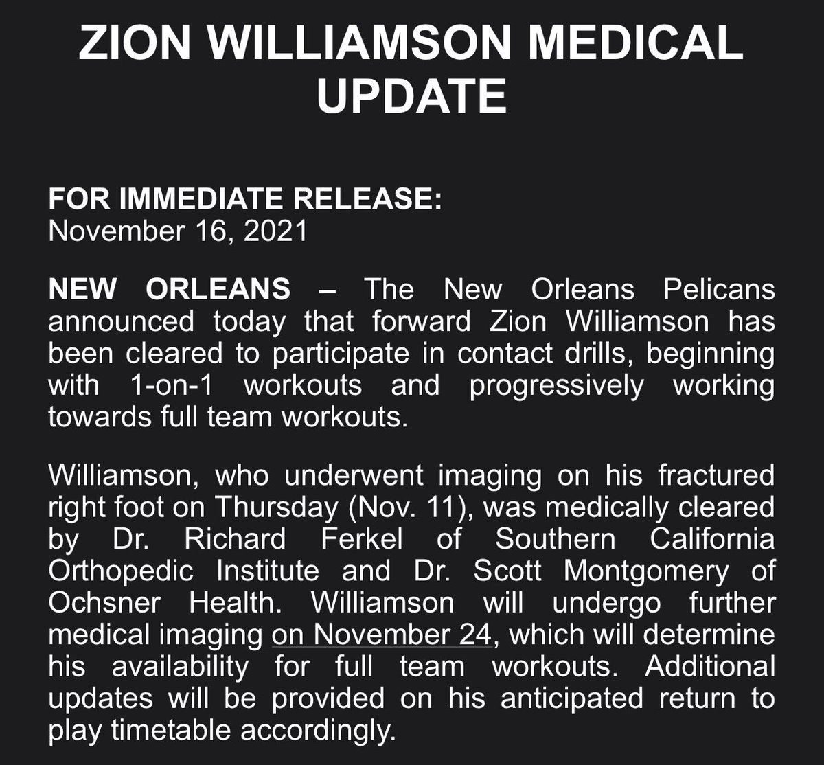 [情報] Zion Williamson 獲准參與一對一訓練