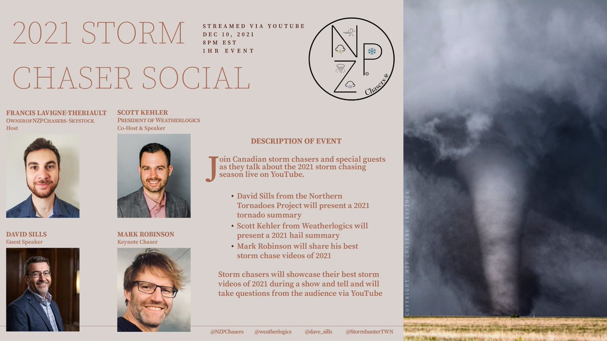 NZPChasers's tweet photo. We are planning a storm chaser social + show and tell on Dec 10th. Co-hosted by @scottdkehler, with guest speaker @dave_sills and keynote chaser @StormhunterTWN. The event will be live streamed on YouTube here: https://t.co/2VxSDZJMJF. Make sure to "set reminder" on the link! https://t.co/cdLhNq9Edx