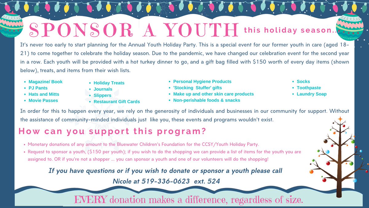 SarniaCAS's tweet photo. @Sarnia_Ontario  Looking for a different gift idea this year? Why not sponsor a youth or make a donation to the Youth Holiday Party for former youth in care!  Give us a call at 519-336-0623 ext. 524 or email nhillier@slcas.on.ca https://t.co/n2CxXSWnxw