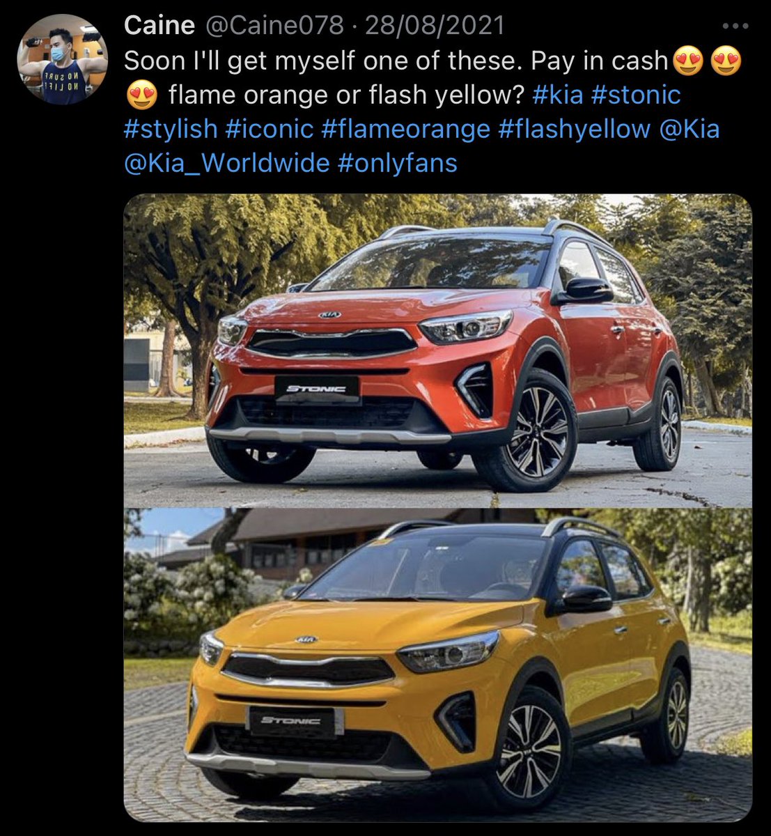 Caine078's tweet photo. Don't just dream it, make it a reality. August vs November. #kiastonic #flameorange #kia #newcar #secondCar #birthday https://t.co/0xv5YRKpHP