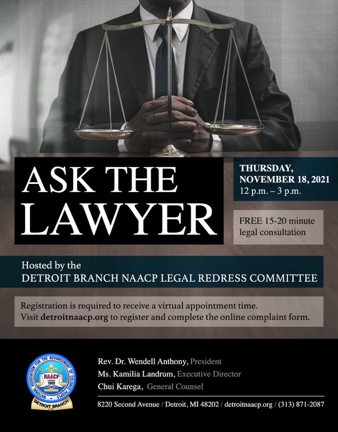 DETROITNAACP's tweet photo. Reminder!!!
Health & Wellness, Education, Youth Council, Ask The Lawyer, General Membership Mtg and Legal Redress all meet this week!
Due to the Thanksgiving Holiday some meetings have been moved up.
Register at https://t.co/m17IF7Syen
#JoinGetInvolvedStayEngaged https://t.co/eRd0h7YhXs