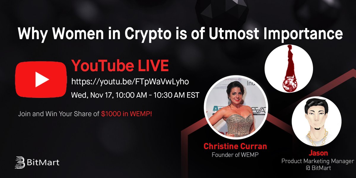 BitMartExchange's tweet photo. 🔈Join us @WempToken 10AM EST Nov 17 for $WEMP Live AMA! We are pleased to have Christine Curran, Founder of WEMP

1.Follow @BitMartExchange &amp; @WempToken
2.RT &amp; tag 3 frds
3.Subscribe https://t.co/Y6E4e4SDRs
4.Fill out: https://t.co/AoPmy9aT7a

🔥Win your share of $1000 in WEMP ! https://t.co/Efq5ubFCNm