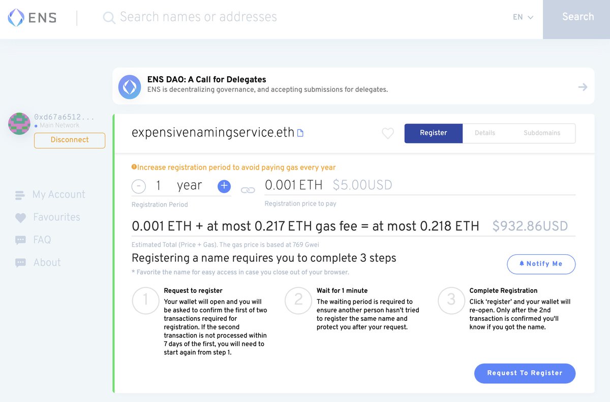 mattgould's tweet photo. $900 in gas fees to register a domain

ENS: Expensive Naming Service https://t.co/ZBtArS9q34