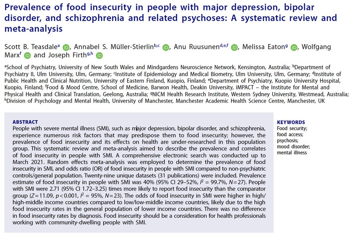 Our new review found prevalence estimate of food insecurity in ppl w serious mental illness was 40%, 2.71x higher than ppl not living w serious mental illness. An important consideration for our multidisciplinary MH teams @PhysMentManc 
tandfonline.com/doi/full/10.10…