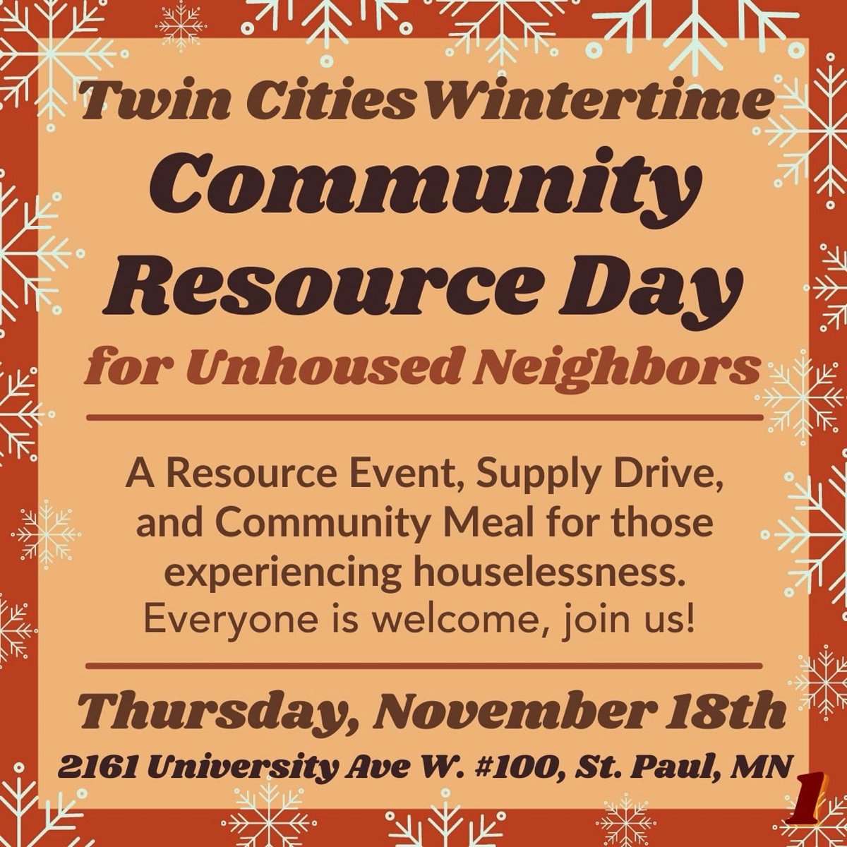 THIS WEEK: 

Community Resource Day by <a href="/mnycollective/">Minnesota Youth Collective</a> fellows, in collaboration with local orgs/ mutual aid groups!

Join us all for a supply drive, helpful info &amp; community meal. All are welcome!🧡

Thursday, November 18th (1–6 PM)
2161 University Ave W. #100, St. Paul, MN 55114