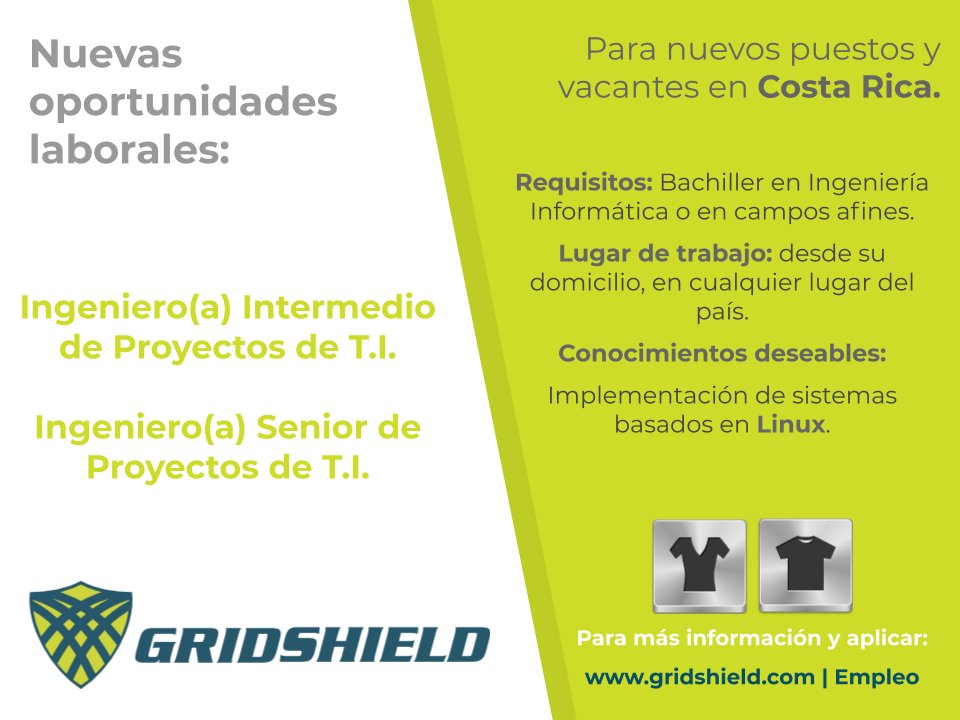 intelicolab's tweet photo. ¡Más oportunidades laborales en @GRIDSHIELD !
Para más información o aplicar a algún puesto, por favor visitar https://t.co/3mhUFBH3s0 | Empleo https://t.co/xTn0XmyW1Q