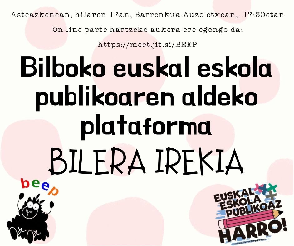 beepbilbo's tweet photo. Manifaren ostean martxan hasi gara! 🙂 Mañana habrá reunión en el centro cívico de Barrenkua a las 17:30h. Parte hartu!! Gora euskal eskola publikoa! #euskaleskolapublikoazharrro 💪 https://t.co/3l99Eux0Cx