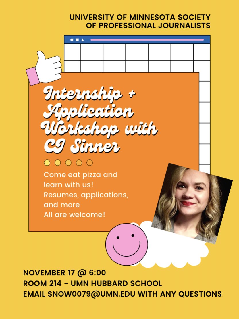 Calling all student journalists! We are holding a resume-building event tomorrow at 6:00 p.m. with <a href="/cjsinner/">Courtney (C.J.) Sinner</a> in room 214 of the Hubbard School! Learn how to get internships and more!