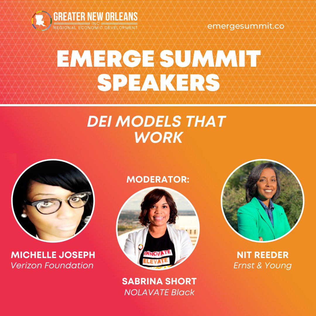 emergesummit's tweet photo. Michelle Joseph, (Verizon Foundation) and Nit Reeder, (@EYnews) will be discussing the work of companies that are implementing unique and effective DEI programs. This session will be moderated by Sabrina Short, Founder &amp; CEO of @nolavateblack https://t.co/Fgq1Ro8Lbg