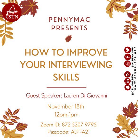 Hey Alpfamilia!

Don’t miss our meeting with Penny Mac November 18, 12-1pm. It is a great opportunity for you to improve on your interview skills so don’t miss out!

#csunalpfa #ALPFA #alpfamilia #CSUN