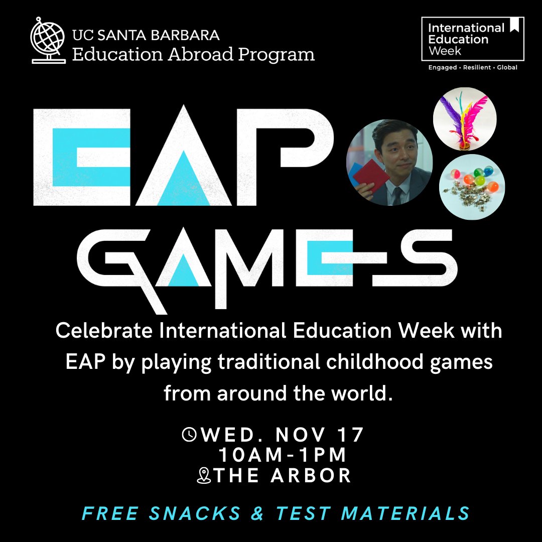 ucsbeap's tweet photo. Celebrate International Education Week with EAP by playing traditional childhood games from around the world. 

Catch us at the Arbor on Wed. Nov 17 between 10am-1pm https://t.co/Zv4nYCXmGR