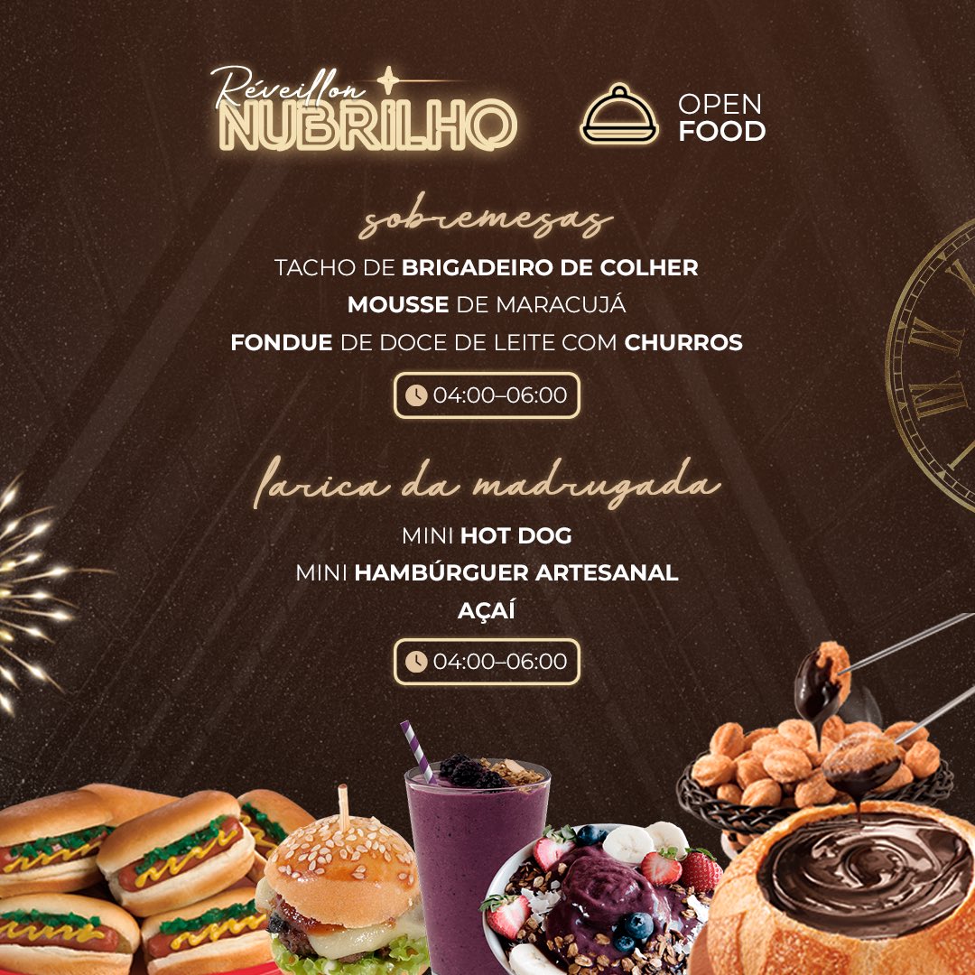 festanubrilho's tweet photo. SEGURA ESSE OPEN FOOD 11HR DE DURAÇÃO! 🤤🤯

Com um open food de respeito, a gente te espera no dia 31 de dez pra esse super Réveillon NuBrilho! São tantas opções que a gente não sabe nem por onde começar. 

Marca um amigo e convoca ele pra curtir esse dia especial com você! ✨ https://t.co/uwNLDiDrML