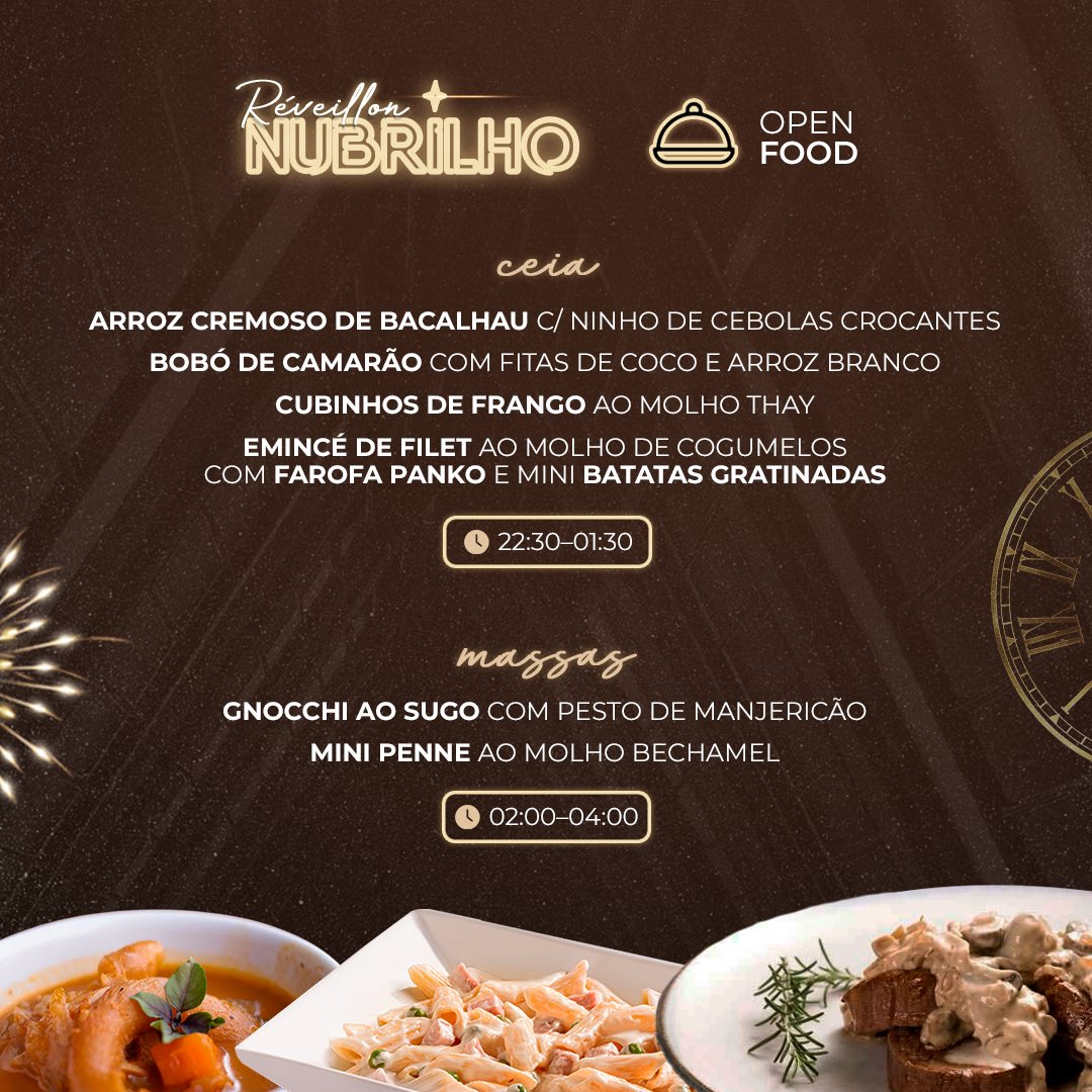 festanubrilho's tweet photo. SEGURA ESSE OPEN FOOD 11HR DE DURAÇÃO! 🤤🤯

Com um open food de respeito, a gente te espera no dia 31 de dez pra esse super Réveillon NuBrilho! São tantas opções que a gente não sabe nem por onde começar. 

Marca um amigo e convoca ele pra curtir esse dia especial com você! ✨ https://t.co/uwNLDiDrML