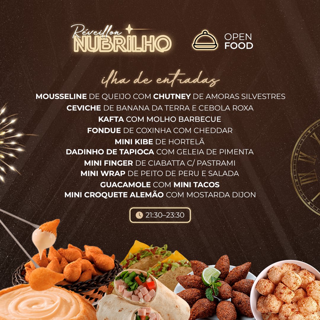 festanubrilho's tweet photo. SEGURA ESSE OPEN FOOD 11HR DE DURAÇÃO! 🤤🤯

Com um open food de respeito, a gente te espera no dia 31 de dez pra esse super Réveillon NuBrilho! São tantas opções que a gente não sabe nem por onde começar. 

Marca um amigo e convoca ele pra curtir esse dia especial com você! ✨ https://t.co/uwNLDiDrML