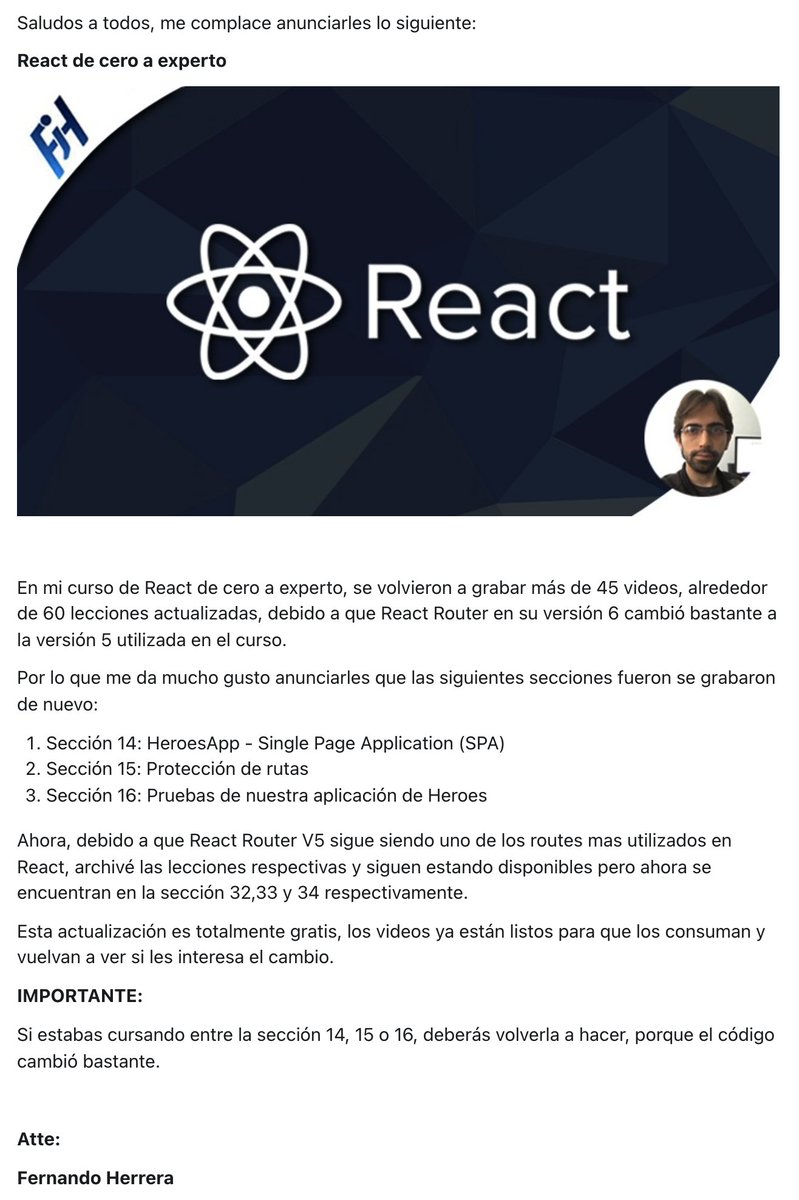 Fernando_Her85's tweet image. React de cero a experto: IMPORTANTE
Si estaban entre la sección 14, 15 o 16, deberán volverlas a realizar, debido a que hay mucho cambio entre el React Router v5 al v6.
Esto afecta las pruebas, rutas privadas, rutas públicas y uso de múltiples rutas dentro de rutas.
