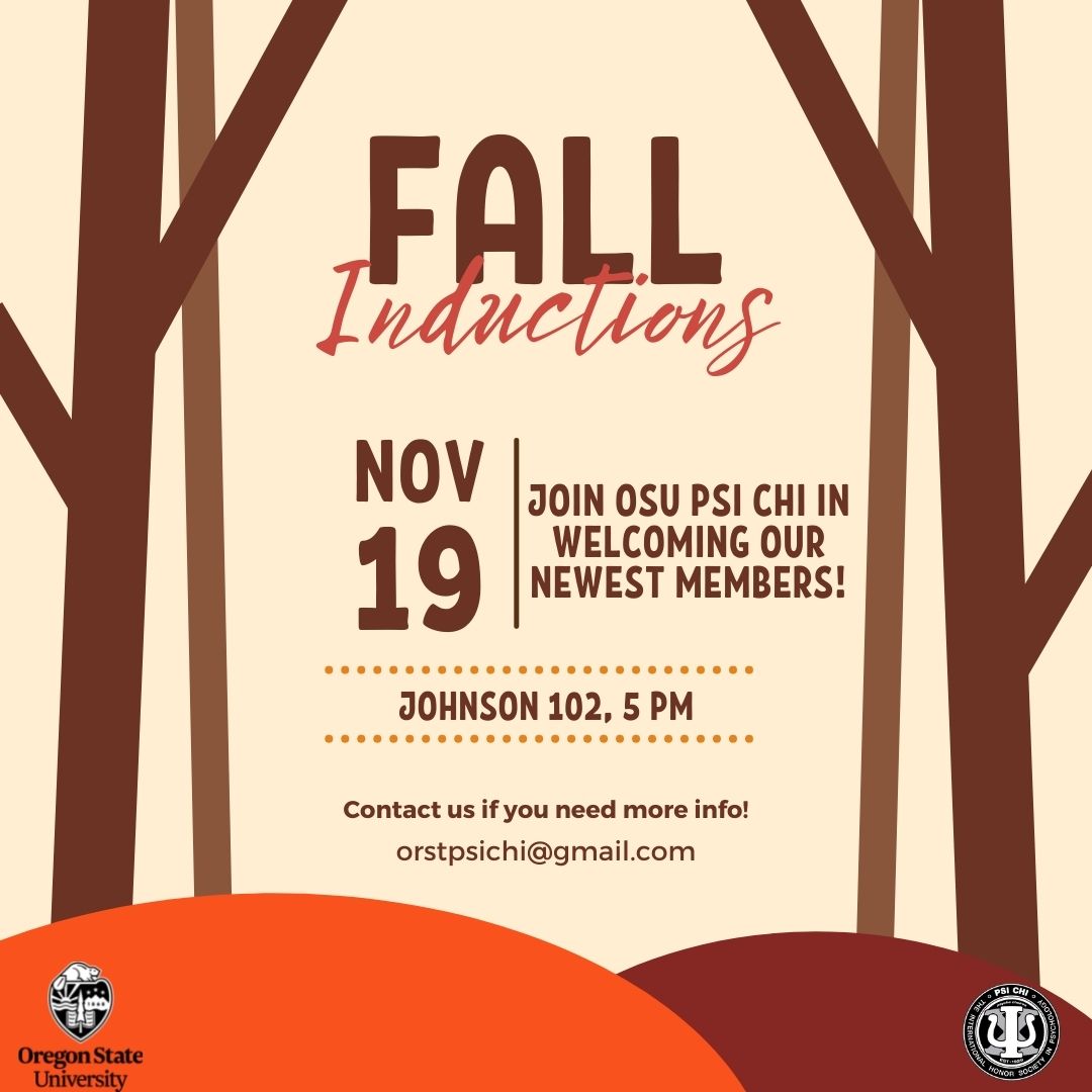❗️Exciting News!❗️

Psi Chi will be holding Fall Term Inductions this Friday, from 5:00-6:30pm in Johnson 102! 🤩Join us in welcoming our newest members and getting to know them!

We can’t wait to see you there, and are so excited to welcome new faces. Sco beavs!🧡