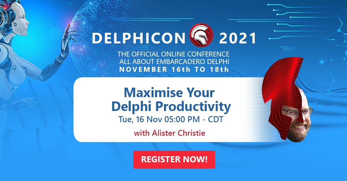 EmbarcaderoTech's tweet image. #DelphiCon2021 Get more done in #Delphi! Learn coding best practices from @AlisterChristie on this LIVE session happening in 15 minutes! embt.co/3vyHhzS #developers #conference #programming