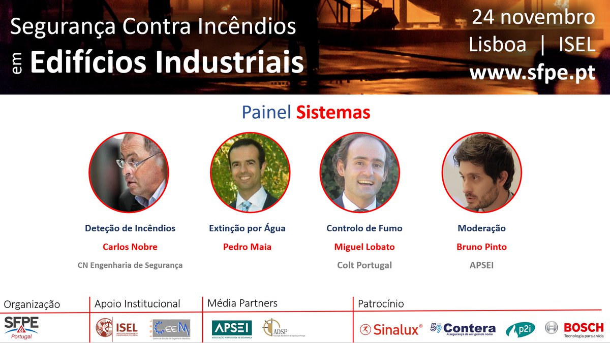 O segundo painel do seminário “Segurança contra Incêndios em Edifícios Industriais” será dedicado aos “Sistemas”. Mais informações e inscrições no site da SFPE Portugal sfpe.pt/agenda/?event_… #SCIE #PBD #UTXII #SCIEUTXII #COVIDSAFE #ENB #P2i