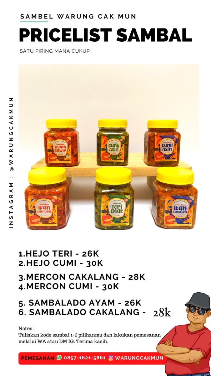 aiksyalala's tweet photo. Gelar lapak jualan dulu ya tweps.

Jadi aku jual sambel ada 6 pilihan varian. Kebetulan bulan November sedang ada promo lho. Bisa langsung DM atau WA ya 😃 https://t.co/d8V5MTu9As