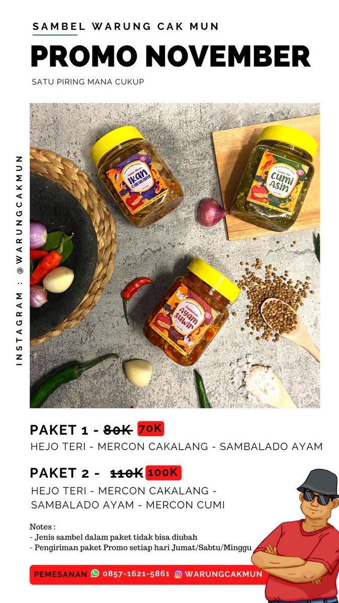 aiksyalala's tweet photo. Gelar lapak jualan dulu ya tweps.

Jadi aku jual sambel ada 6 pilihan varian. Kebetulan bulan November sedang ada promo lho. Bisa langsung DM atau WA ya 😃 https://t.co/d8V5MTu9As