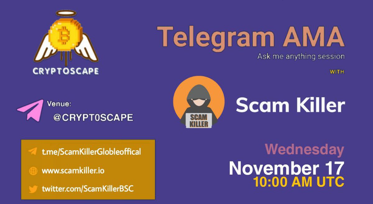 Cryptoscape1's tweet photo. Cryptoscape will hold an #AMA With Scam Killer  on 17 Nov 2021 at 10  AM UTC

 Venue:https://t.co/uMdunoHK7T 

Rules: 
🔸Like and Retweet 
🔸Follow @Cryptoscape1 and @ScamKillerBSC
✍Comment 3 best questions and tag 3 Friends

Website: https://t.co/77l0PY0Qkc https://t.co/kGRWCuhDge