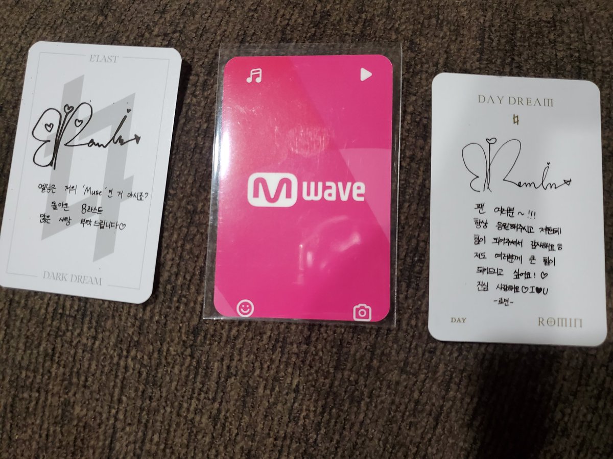 appletuns_'s tweet photo. E'LAST wtt/wts (USA only)

looking to trade these romin pcs to rano (or wonhyuk), 

otherwise im selling them for $6 (each) or $15 for all. (id have to check on shipping but probably around $3 for a bubble mailer + top loader and cheaper for just an envelope + top loader) https://t.co/h4XsZgfHPv