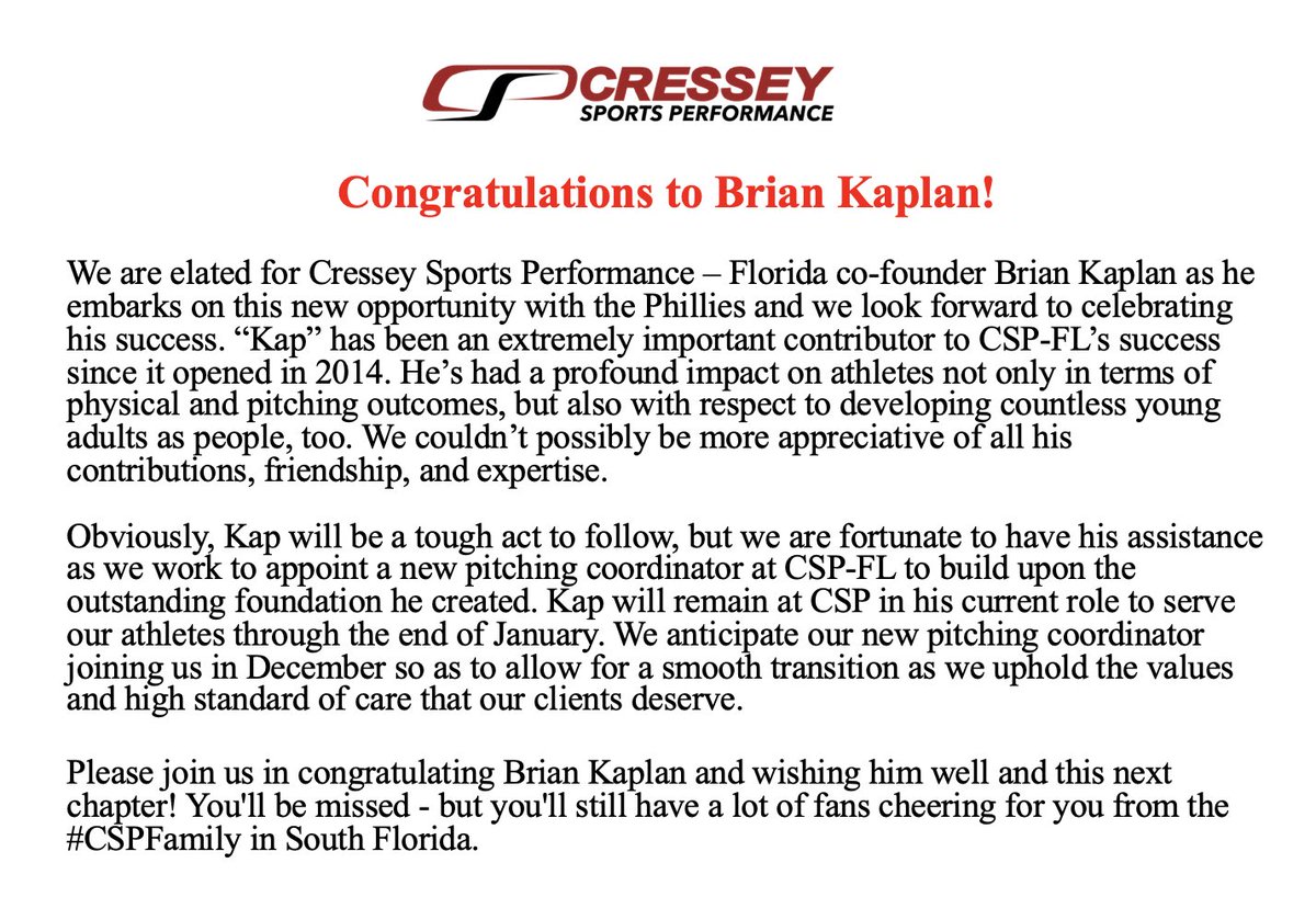 Today, the Philadelphia Phillies named CSP-FL co-founder Brian Kaplan (@BrianKaplanCSP) as their Assistant Major League Pitching Coach and Director of Pitching Development. We couldn’t be more proud. #cspfamily