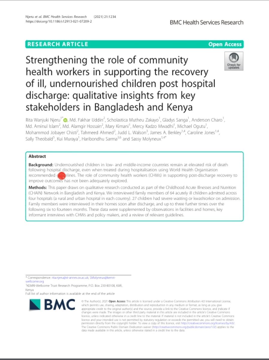 RitaNjeru's tweet photo. Our paper on CHW post-discharge support for ill, undernourished children is out! Collaborative work in Kenya and Bangladesh, part of the @ChainNetwork social science.  https://t.co/4B1n4vPCYT 
@SassyMolyneux @ScholarZ7 @sallytheobald @KuiMuraya @KEMRI_Wellcome @OxIHTM @icddr_b https://t.co/vYOfHuD60o