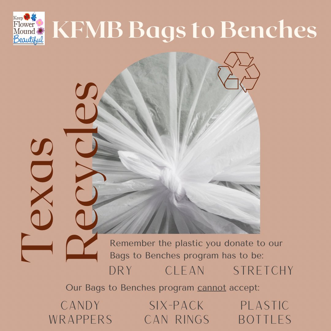 KeepFMBeautiful's tweet photo. We’re still celebrating Texas Recycles Day! Drop off your dry, clean plastic bags and film to our designated Bags to Benches sites around town! Tag us and tell us how you’re celebrating
•
#KeepFlowerMoundBeautiful #KFMB #BagstoBenches #TexasRecyclesDay #KeepTexasBeautiful #KTB https://t.co/EDhfB2rJu7