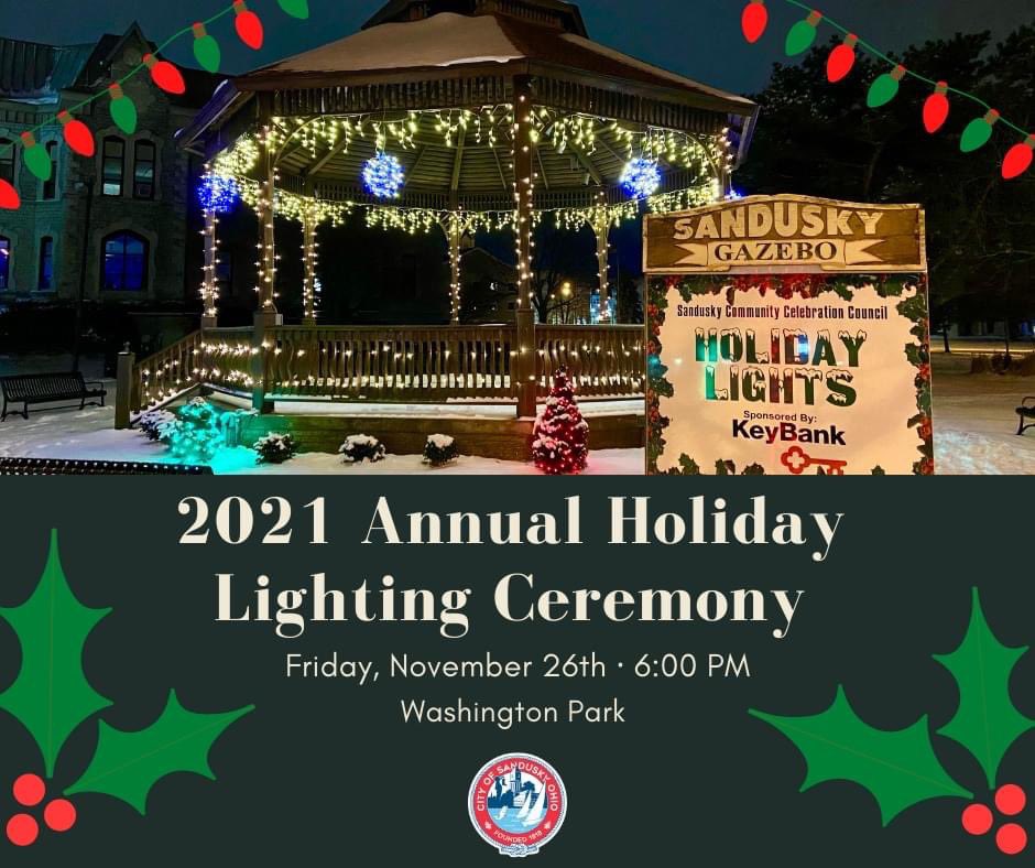cityofsandusky's tweet photo. We hope you can join us for the 2021 Annual Holiday Lighting Ceremony at 6:00pm on Friday, November 26 in Washington Park 🎄

View the full list of fun events 
🎅 https://t.co/JNojJAAuC9

Thanks to the Sandusky Community Celebrations Council &amp; @keybank for sponsoring the event. https://t.co/njxamn4Z50