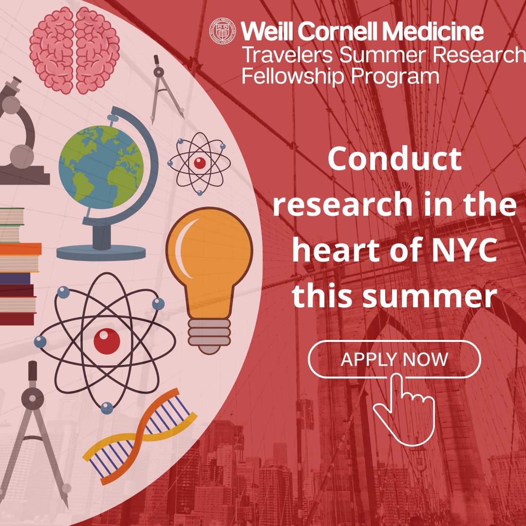 Are you a premed student looking for a summer research experience in NYC?  APPLY NOW to the Travelers Summer Research Fellowship Program! 
weillcornell.liaisoncas.com/applicant-ux/#…