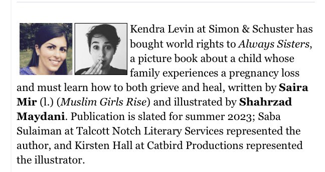 so thrilled i can finally talk about this book!! <a href="/sairamirbooks/">SairaMirBooks HIATUS 🌙 Ramadan Mubarak!</a>’s ALWAYS SISTERS is a picture book about the healing power of love in the wake of pregnancy loss and i’m so proud to be a part of this team with <a href="/kendralevin/">Kendra Levin</a> <a href="/shazmaydani/">Shahrzad Maydani</a> and <a href="/HallWaysKirsten/">Kirsten Hall</a> 🎉🎉🎉