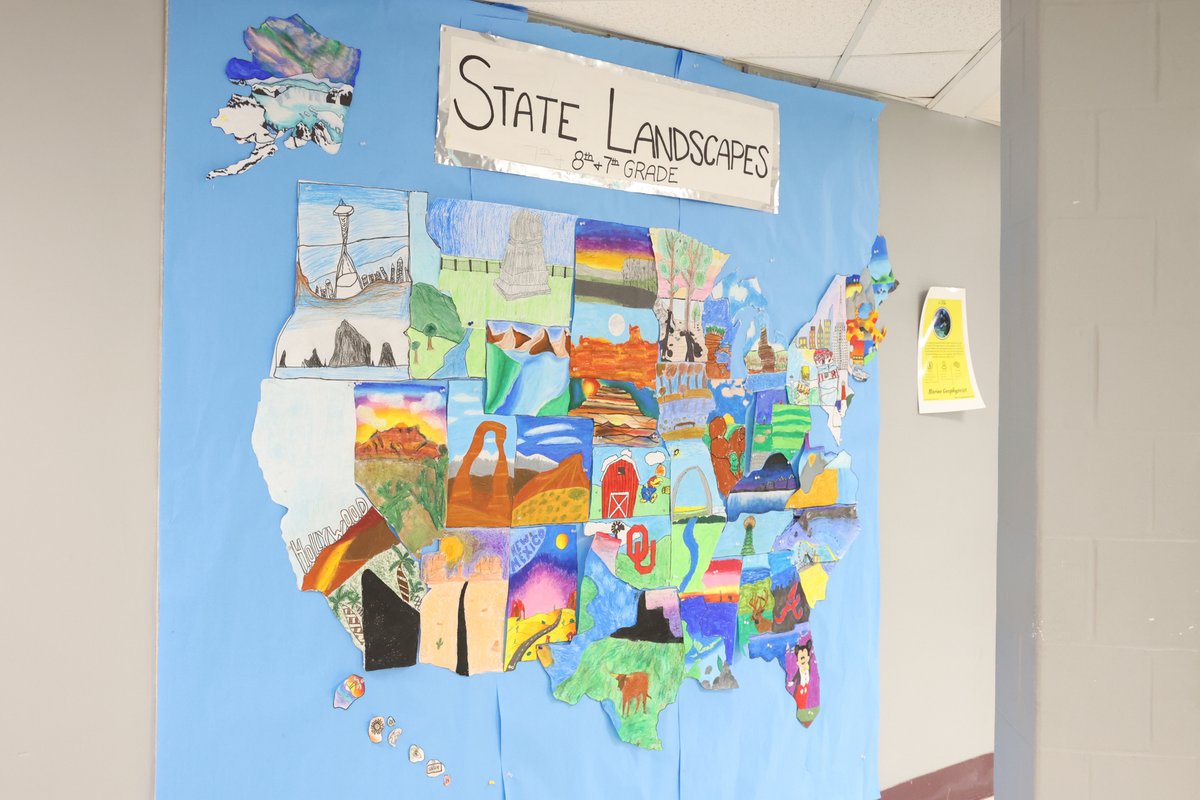 PattonvilleSD's tweet photo. AMERICA THE BEAUTIFUL! The seventh and eighth graders at Remington Traditional created state landscapes in Emily Ludwinski’s art class. 

Reply with what state you live in now and retweet this post to help us find someone from #PirateNation in all 50 states. https://t.co/vdLatM4WWL