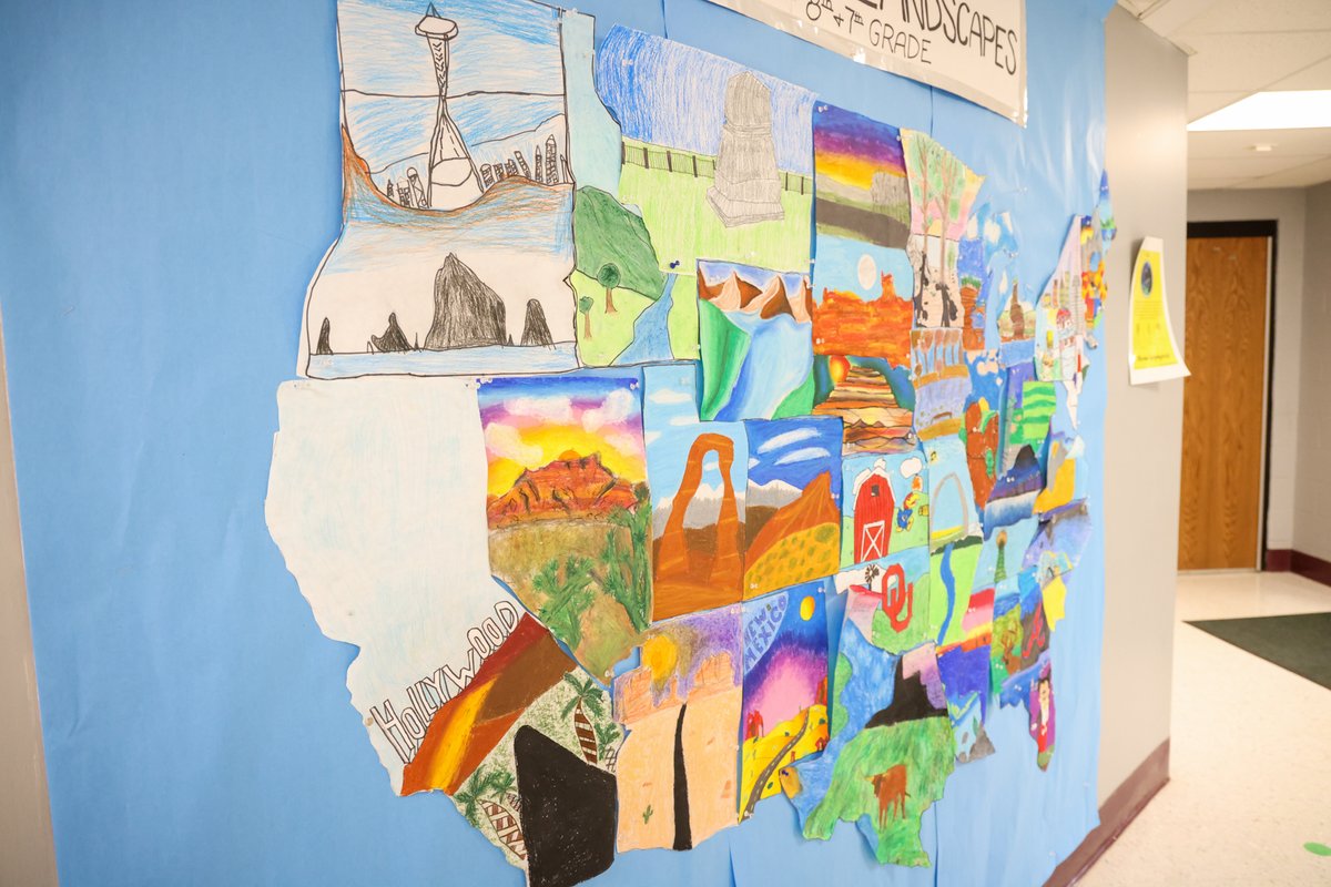 PattonvilleSD's tweet photo. AMERICA THE BEAUTIFUL! The seventh and eighth graders at Remington Traditional created state landscapes in Emily Ludwinski’s art class. 

Reply with what state you live in now and retweet this post to help us find someone from #PirateNation in all 50 states. https://t.co/vdLatM4WWL