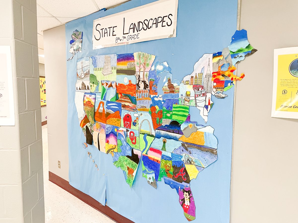 PattonvilleSD's tweet photo. AMERICA THE BEAUTIFUL! The seventh and eighth graders at Remington Traditional created state landscapes in Emily Ludwinski’s art class. 

Reply with what state you live in now and retweet this post to help us find someone from #PirateNation in all 50 states. https://t.co/vdLatM4WWL