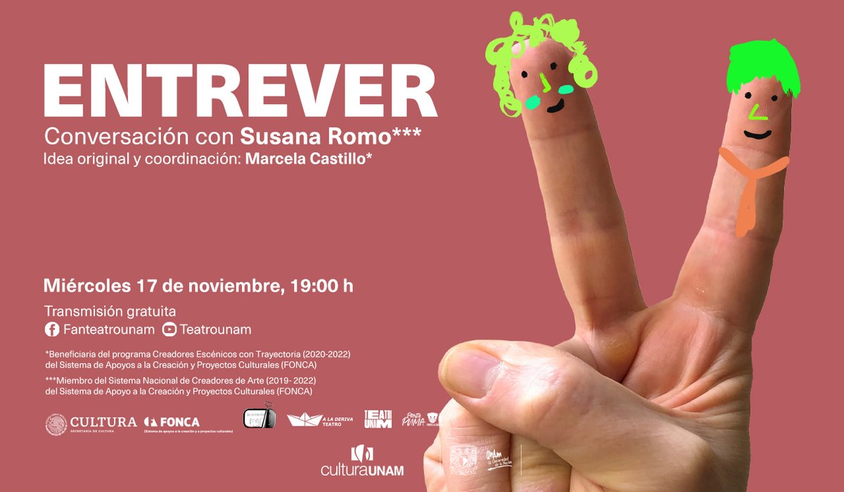 teatrounam's tweet photo. #Entrever Conversatorio con Susana Romo

Su trabajo parece atravesado por un cordón umbilical.  Desde su origen, desde sus impulsos creativos, pasando por sus objetivos, hasta sus resultados escénicos parece unido por un impulso del maternaje.
17-nov, 19 h
Transmisión por Fb Live https://t.co/jnUyF8Gxcp