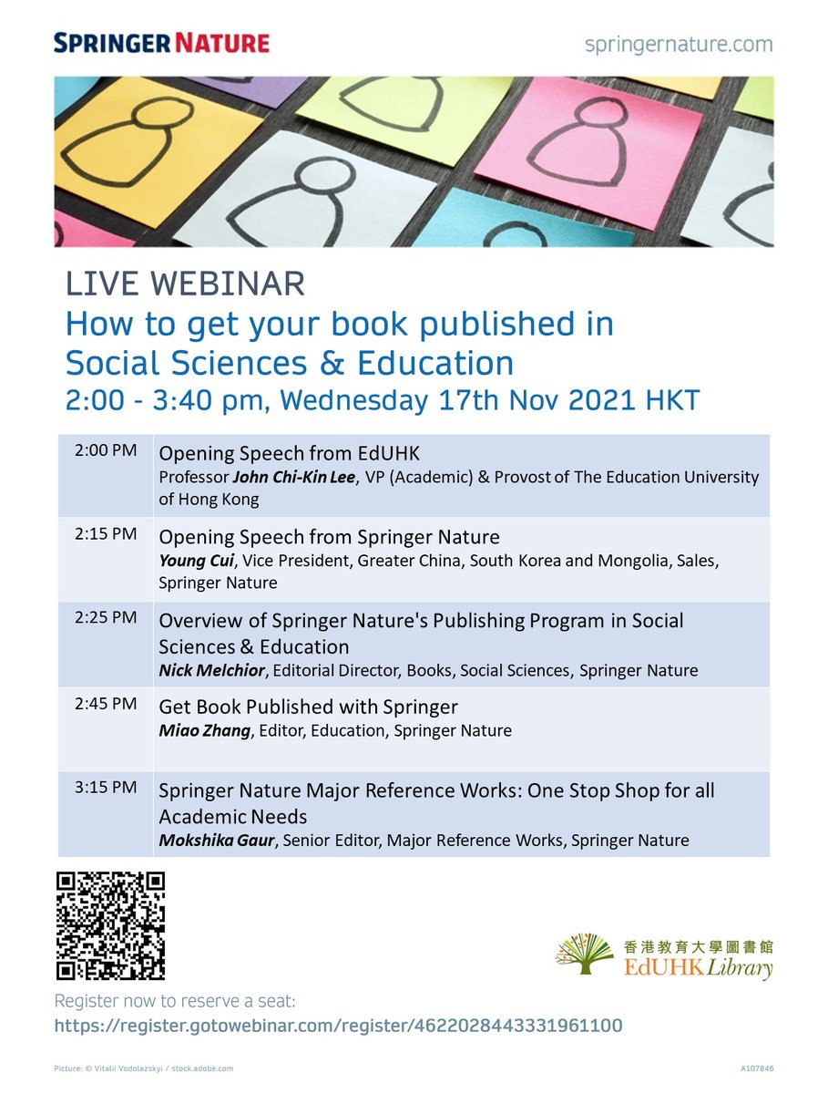 This afternoon at 2 pm (Hong Kong Time)! Come join our #webinar 'How to get your book published in #SocialSciences & #Education'!
Meet our editors and get to know how to publish your #book and #MajorReferenceWork with Springer Nature.
 Register for free: register.gotowebinar.com/register/46220…